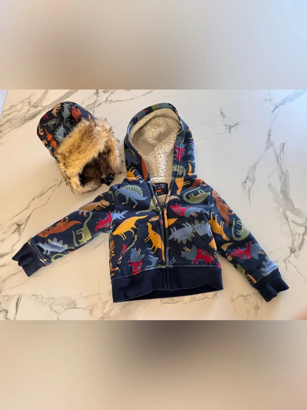 The Children's Place Navy Dino Fleece Hoodie Set w/ Faux-Fur Trapper Hat